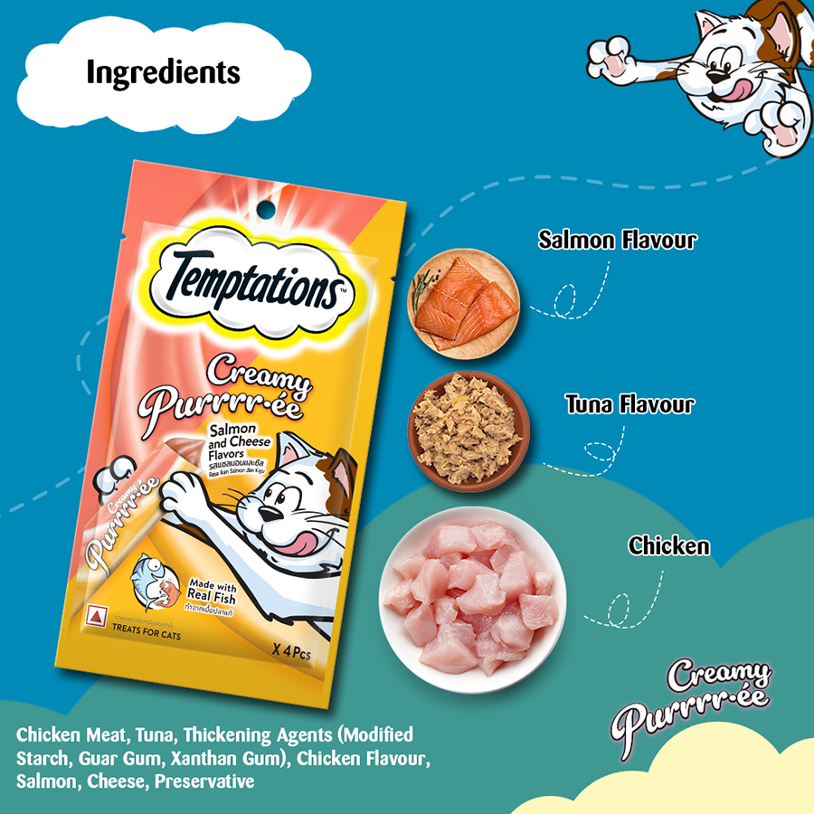 Temptations Creamy Purrrr-ée, Salmon & Cheese Flavour 48g (4 pieces)