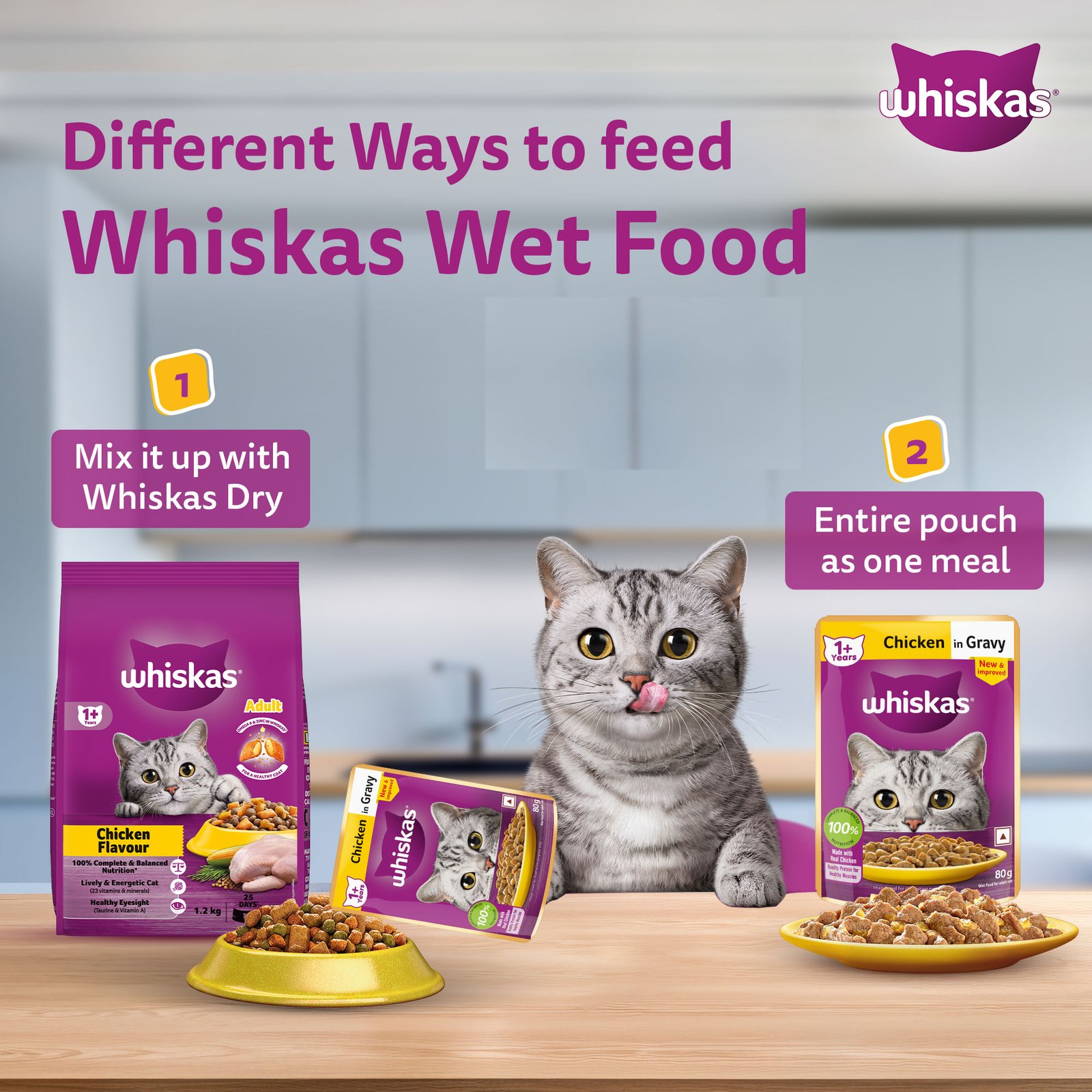 Whiskas Wet Cat Food for Adult Cats (1+Years), Chicken in Gravy Flavour,  80g