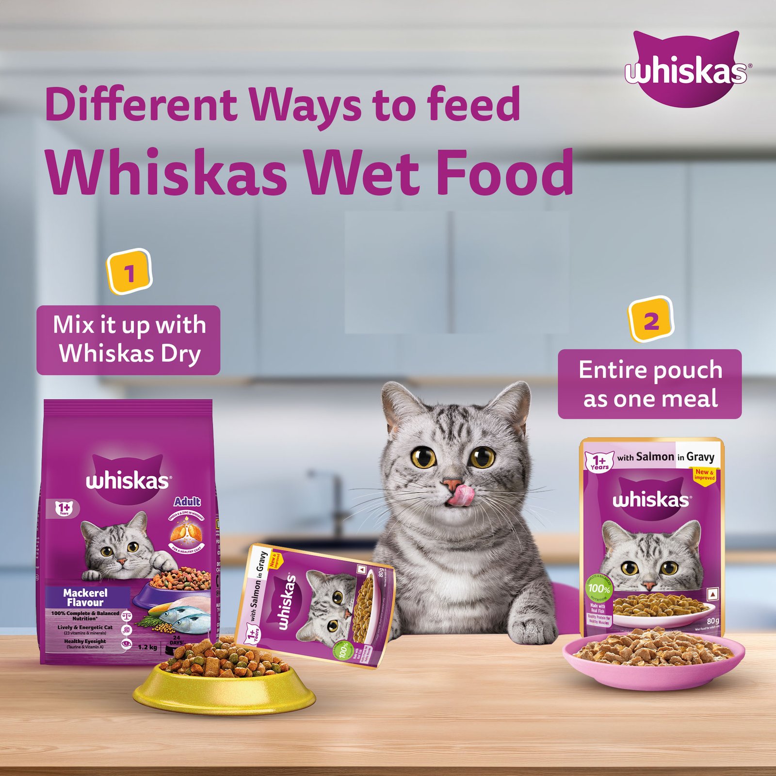 Whiskas Wet Cat Food for Adult Cats (1+Years), Salmon in Gravy Flavour,  80g
