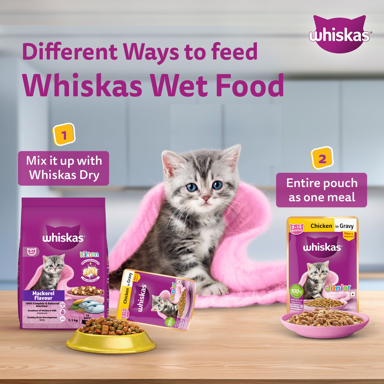 Whiskas Wet Cat Food for Kittens (2-12 Months), Chicken in Gravy Flavour,  80g