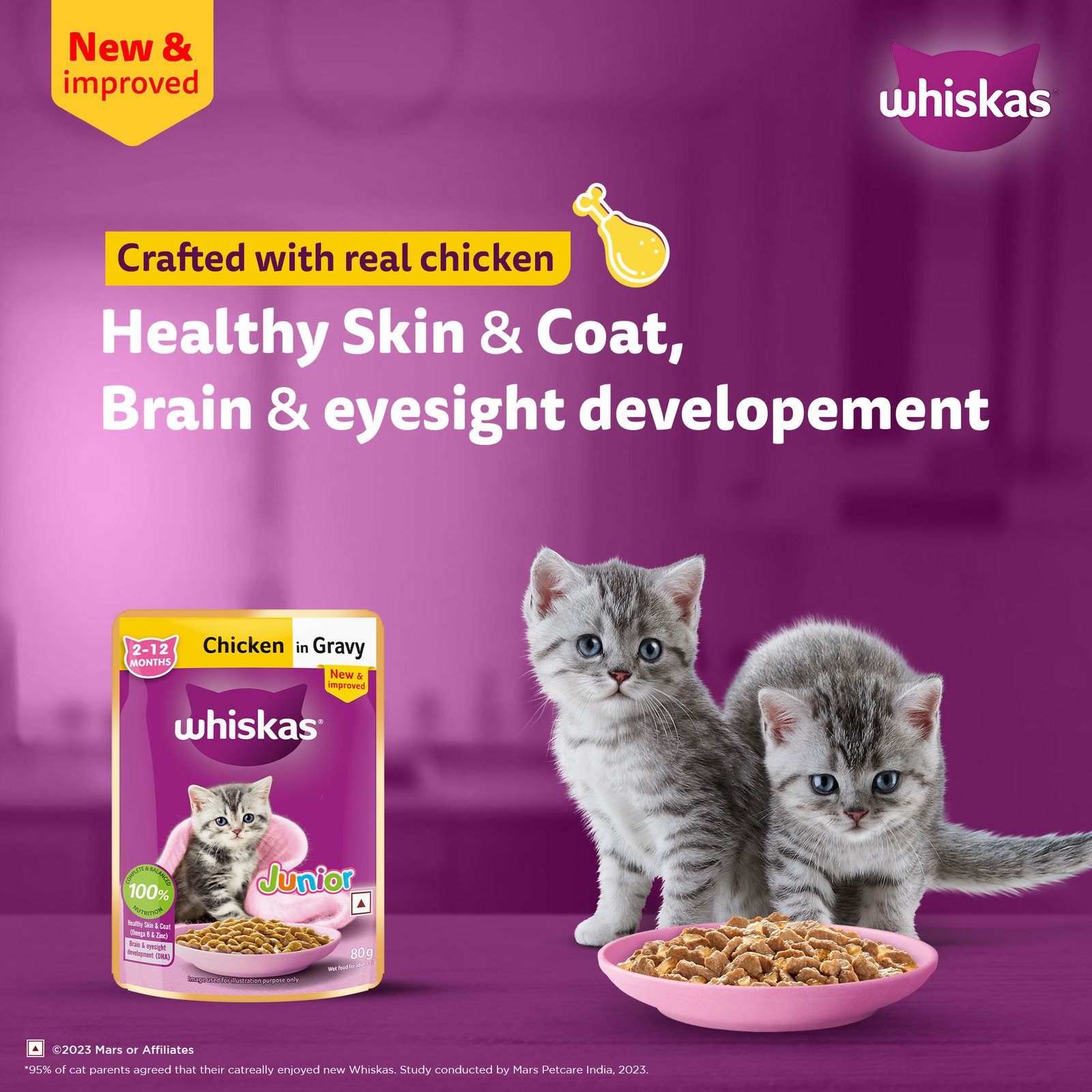 Whiskas Wet Cat Food for Kittens (2-12 Months), Chicken in Gravy Flavour,  80g
