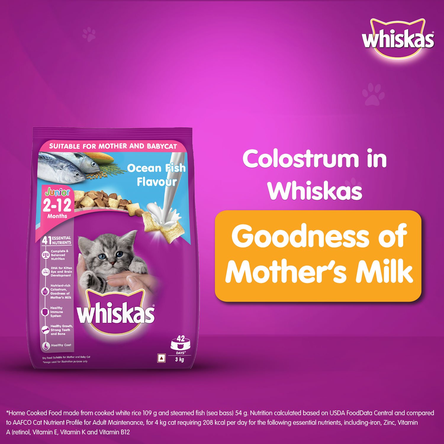 Whiskas Kitten (2-12 months) Dry Cat Food, Ocean Fish Flavour with Milk