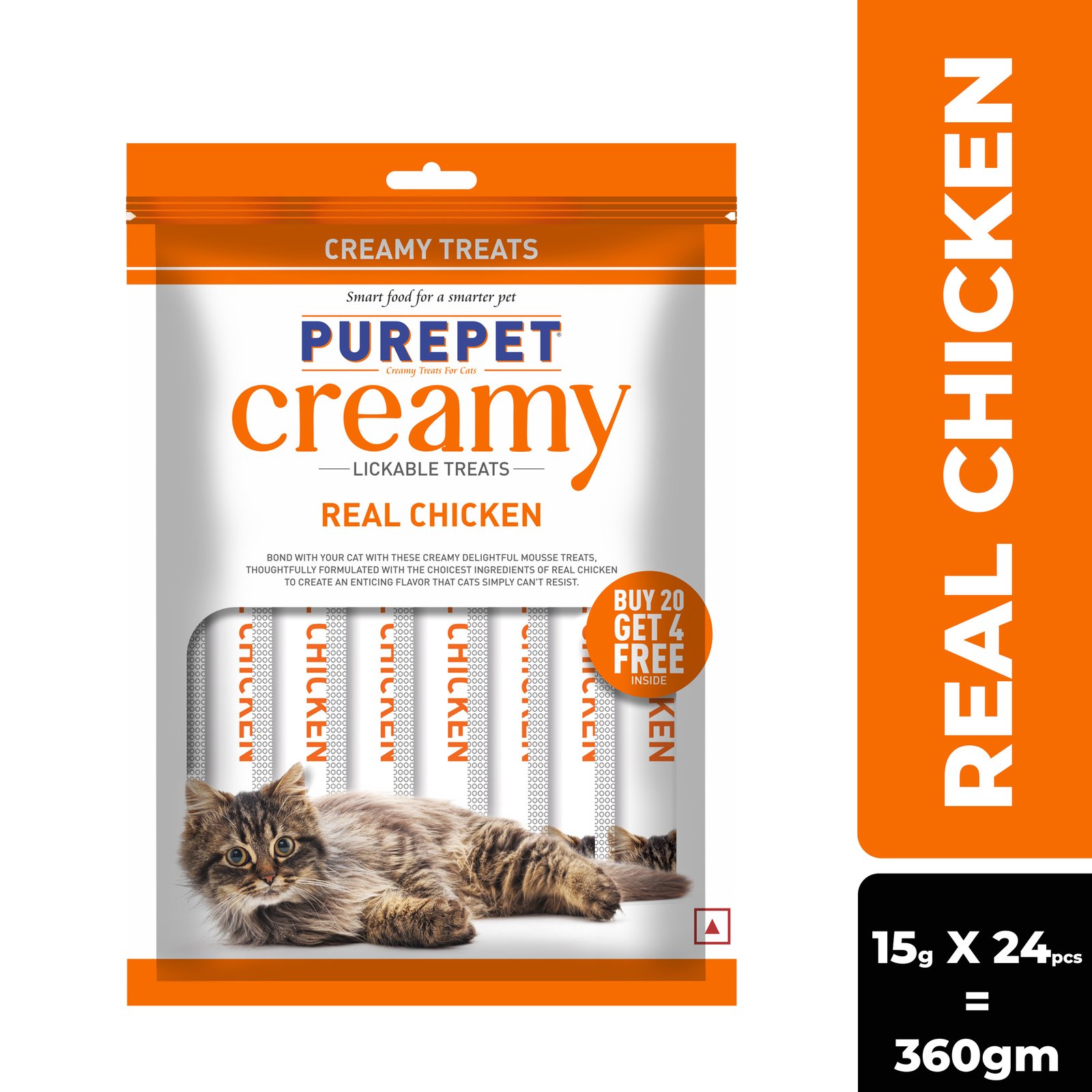 Purepet Creamy Lickable Cat Treats,Real Chicken (15g x24 Pcs)