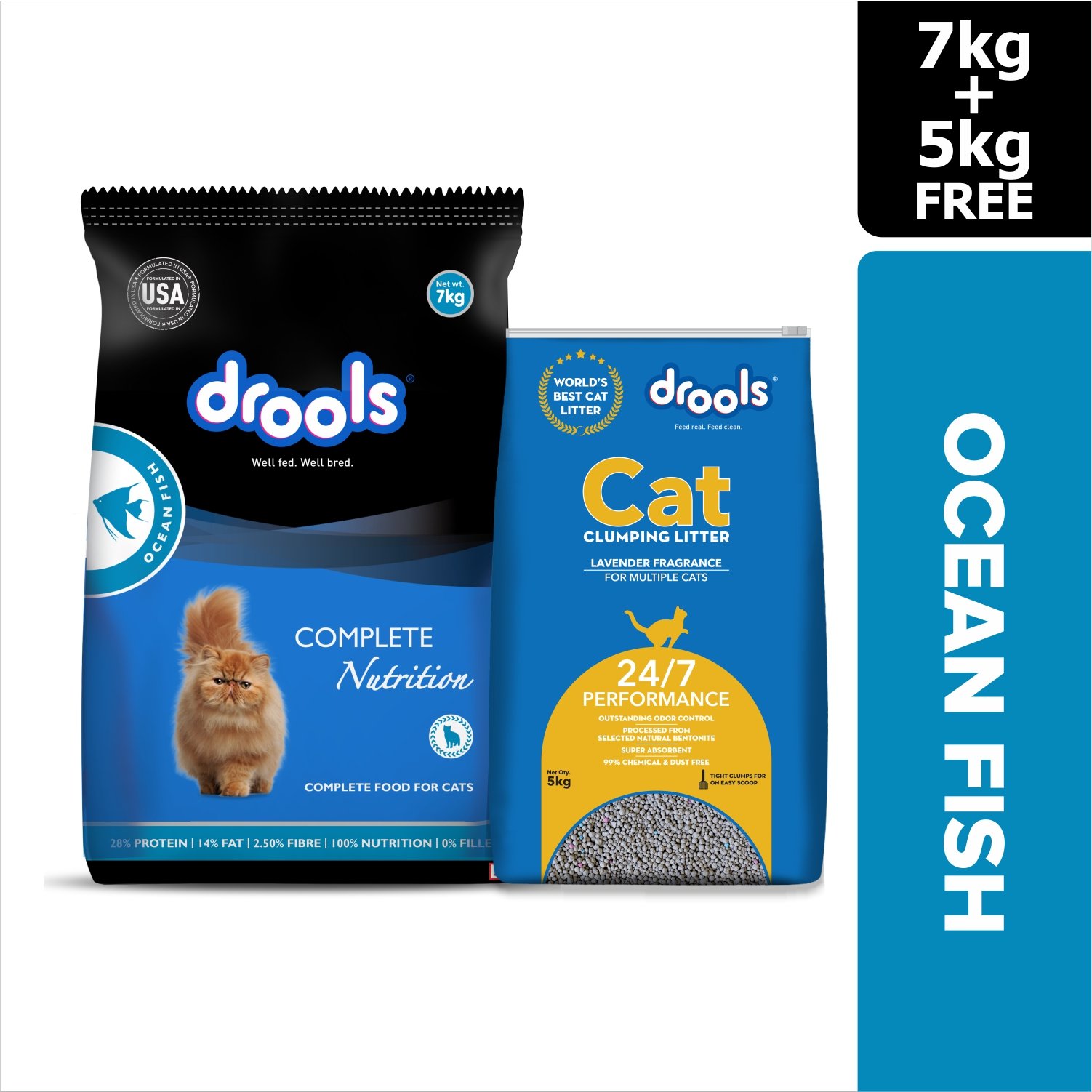 Drools Dry Adult Cat Food Ocean fish 7kg with 5kg Drools Cat Litter Free